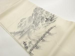 作家物　塩瀬手描き山並みに渓流・橋模様名古屋帯
